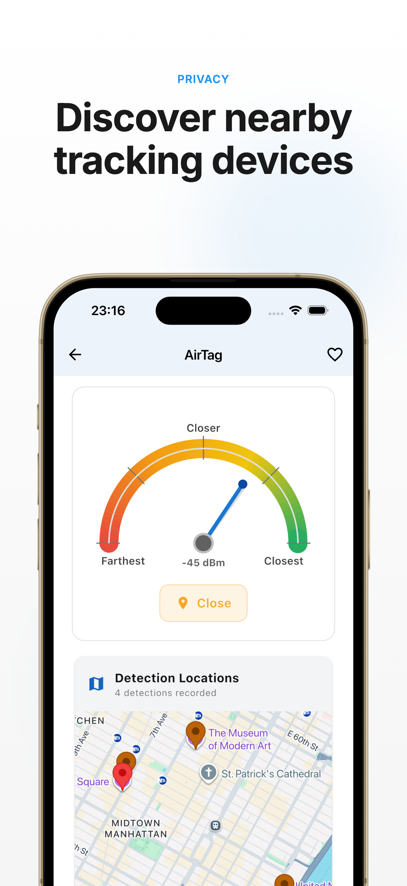Discover nearby tracking devices screen